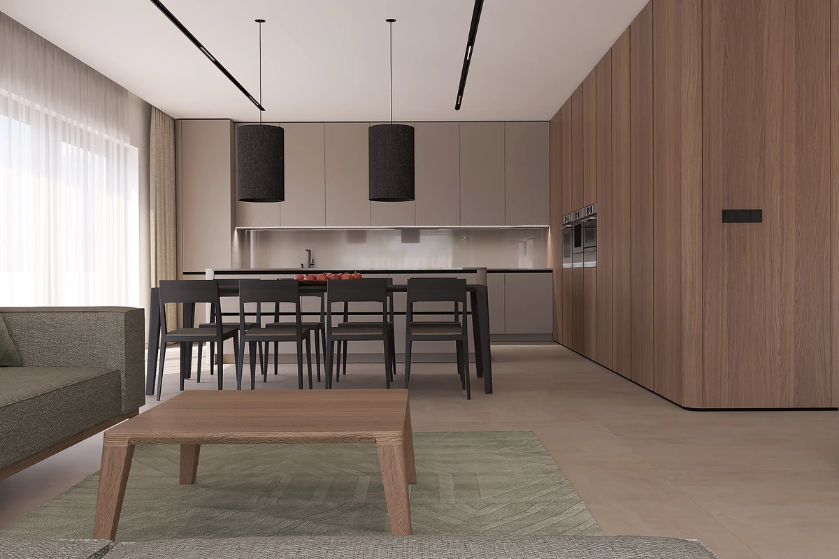 Interiérový dizajn moderného bytu v Námestove s otvorenou kuchyňou, jedálenským stolom a minimalistickými prvkami v prírodných odtieňoch.