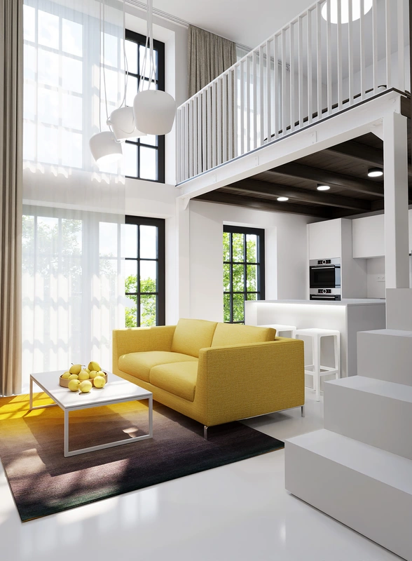 Interiérový dizajn loftového bytu s galériou, žltou sedačkou a bielymi minimalistickými prvkami.