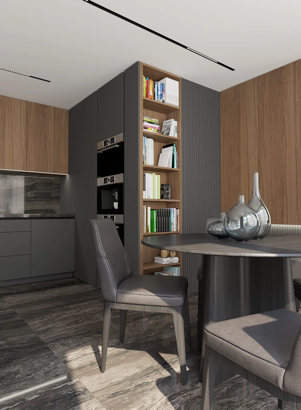 Dizajn interiéru moderného bytu s kombináciou drevených dekorov, tmavých prvkov a knižnicou na mieru.