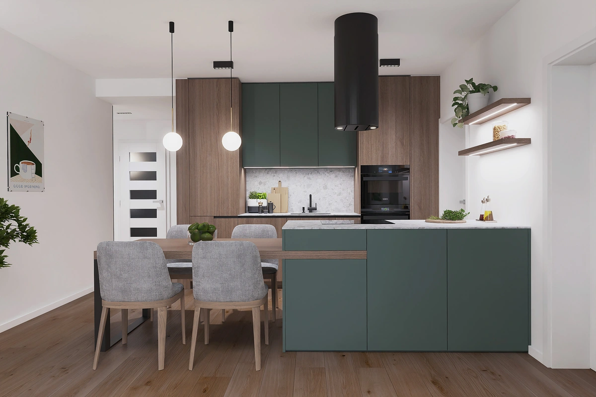 Moderný interiérový dizajn kuchyne v kombinácii zelenej a dreva, doplnený jedálenským stolom so sivými čalúnenými stoličkami, kompaktnou pracovnou doskou a minimalistickými detailmi.