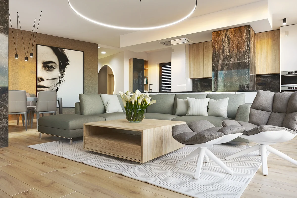 Luxusný interiérový dizajn bytu v Žiline s priestrannou obývačkou, dizajnovým nábytkom a výrazným obrazom na stene..