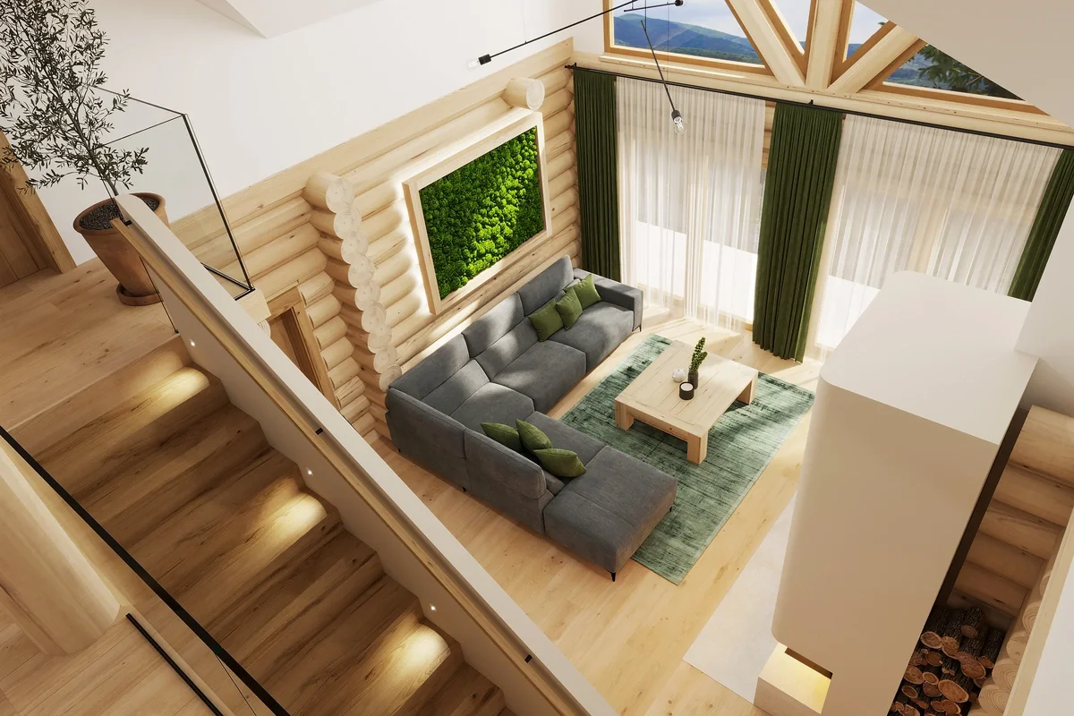 Interiérový dizajn zrubu s drevenými prvkami, veľkou sedacou súpravou a zelenými doplnkami v prírodnom štýle.