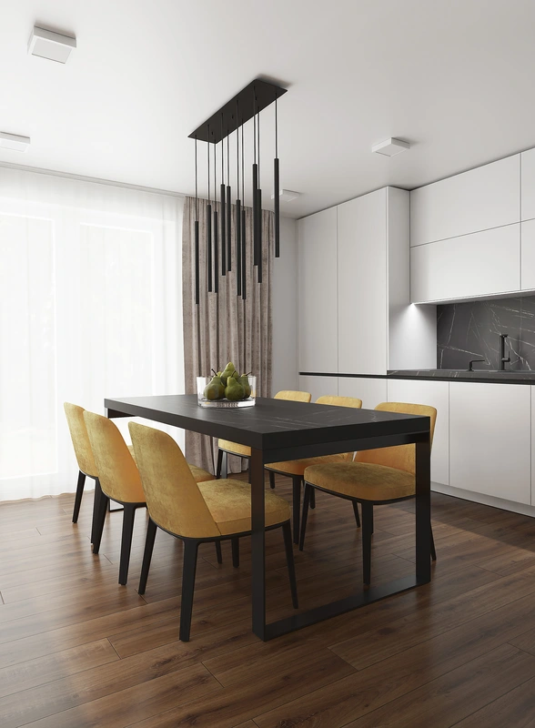 Dizajn bielo čiernej rohovej kuchyne s jedálňou.