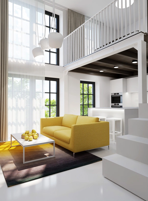 Svetlý navrh interiéru bytu s galériou, žltou sedačkou a bielou kuchyňou v otvorenom priestore.