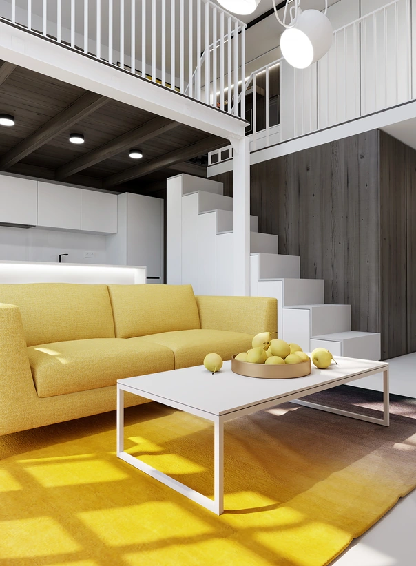 Detailný navrh interiéru obývačky s výraznou žltou sedačkou, minimalistickým konferenčným stolíkom a schodiskom so skrytým úložným priestorom.