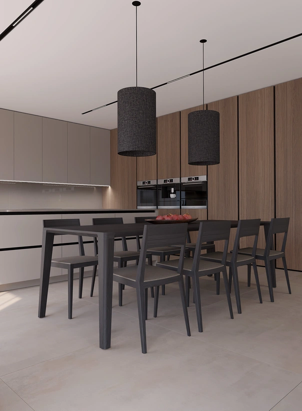 Jedálenská časť prepojená s kuchyňou, navrh interiéru domu s dreveným nábytkom, veľkým stolom a čiernymi svietidlami