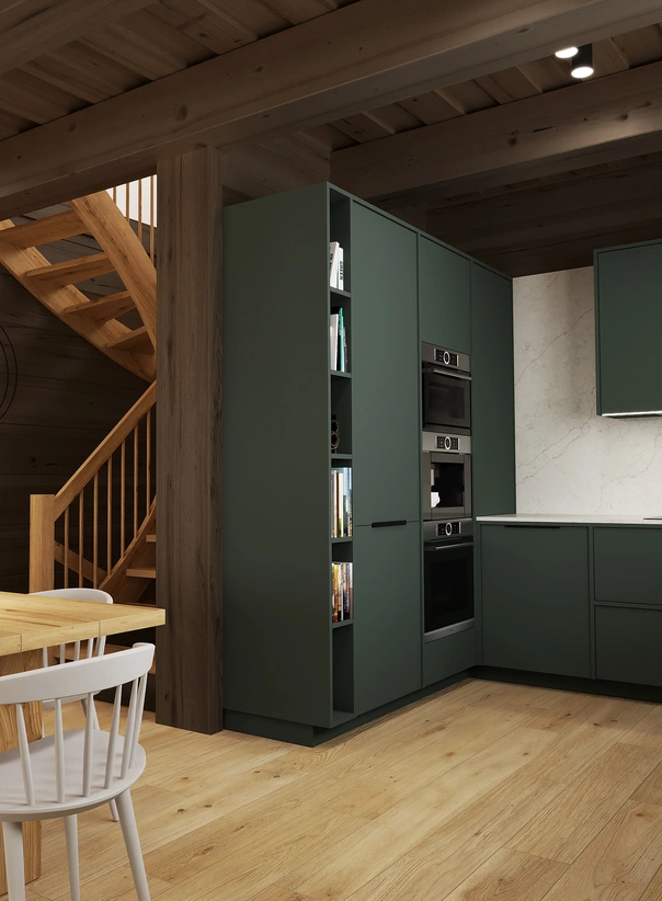 Moderný navrh interiéru drevenice s tmavozelenou kuchyňou, vstavanými spotrebičmi.