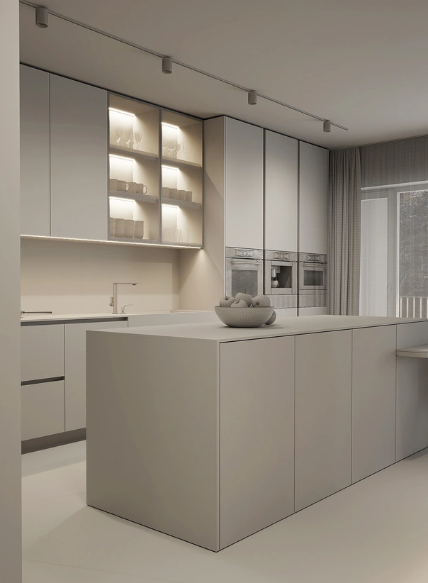 Kuchyňa s ostrovom, profesionálne 3D navrhovanie interieru pre developerský projekt v clay mode.