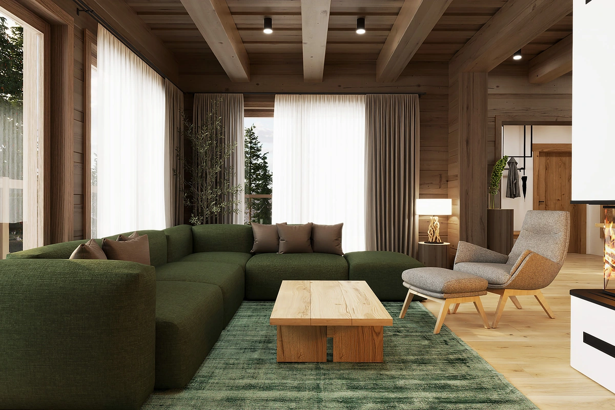 Vizualizácia interiéru drevenice s modernou zelenou sedačkou