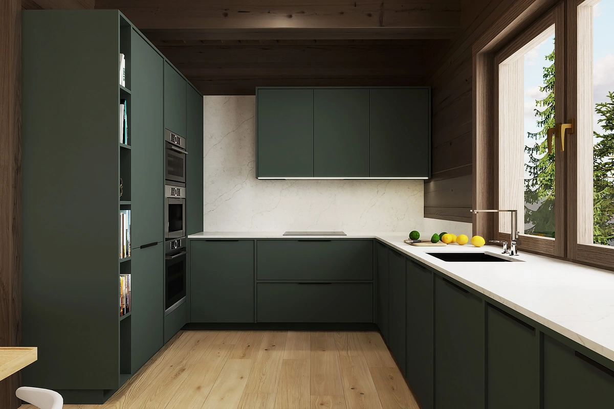 Vizualizácia kuchyne v drevenici s tmavozelenými skrinkami a bielou pracovnou doskou od Technistonee