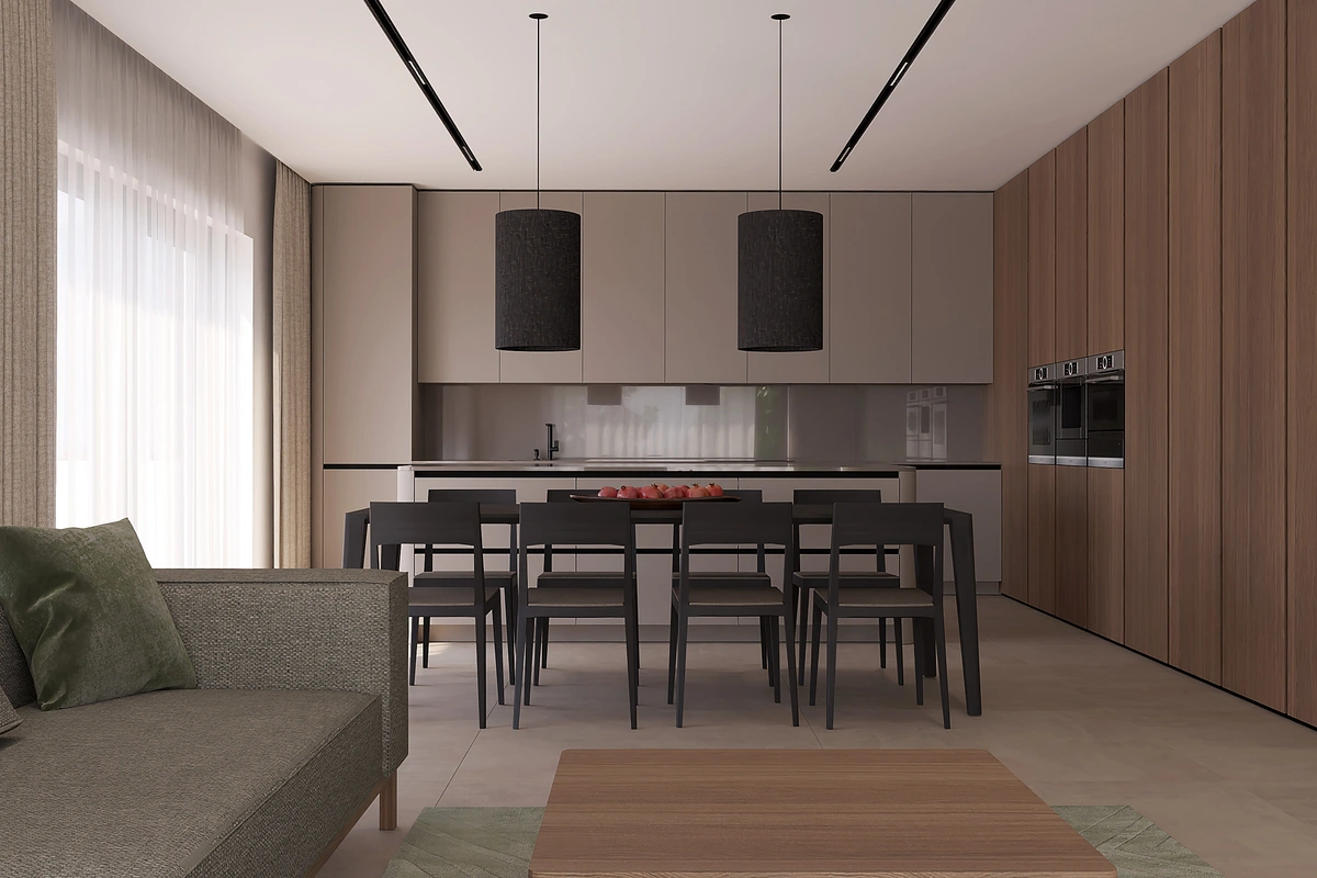 Vizualizácia kuchyne v odtieni cashmere s jedálenským stolom a moderným osvetlením