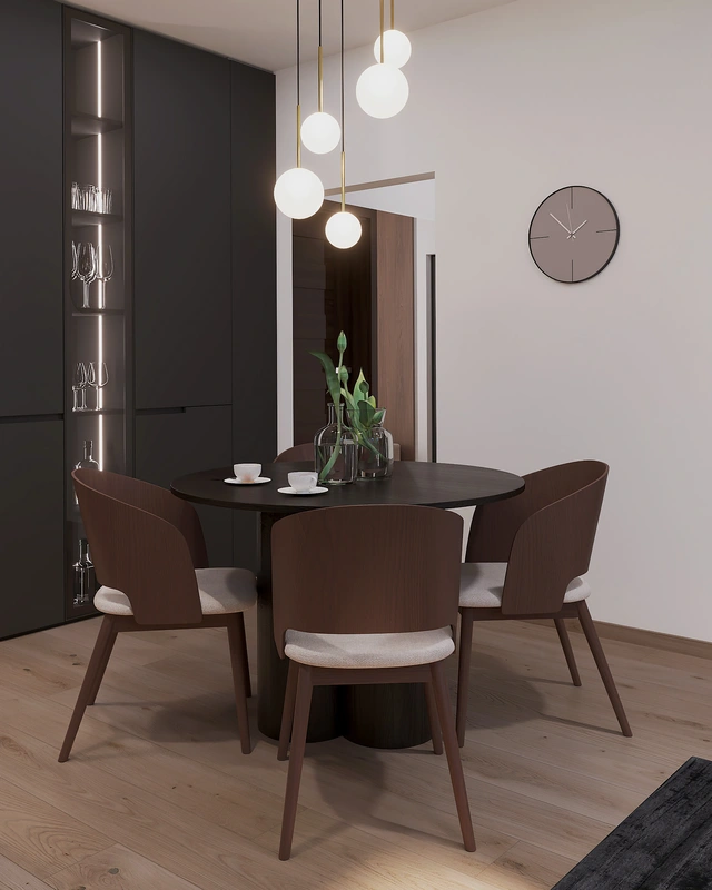 Vizualizácia kuchyne s jedálňou a okrúhlym stolom so štýlovými stoličkami