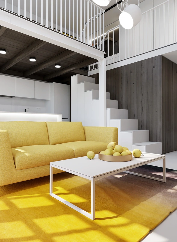 Vizualizácia loftového interiéru s minimalistickým schodiskom a žltou sedačkou