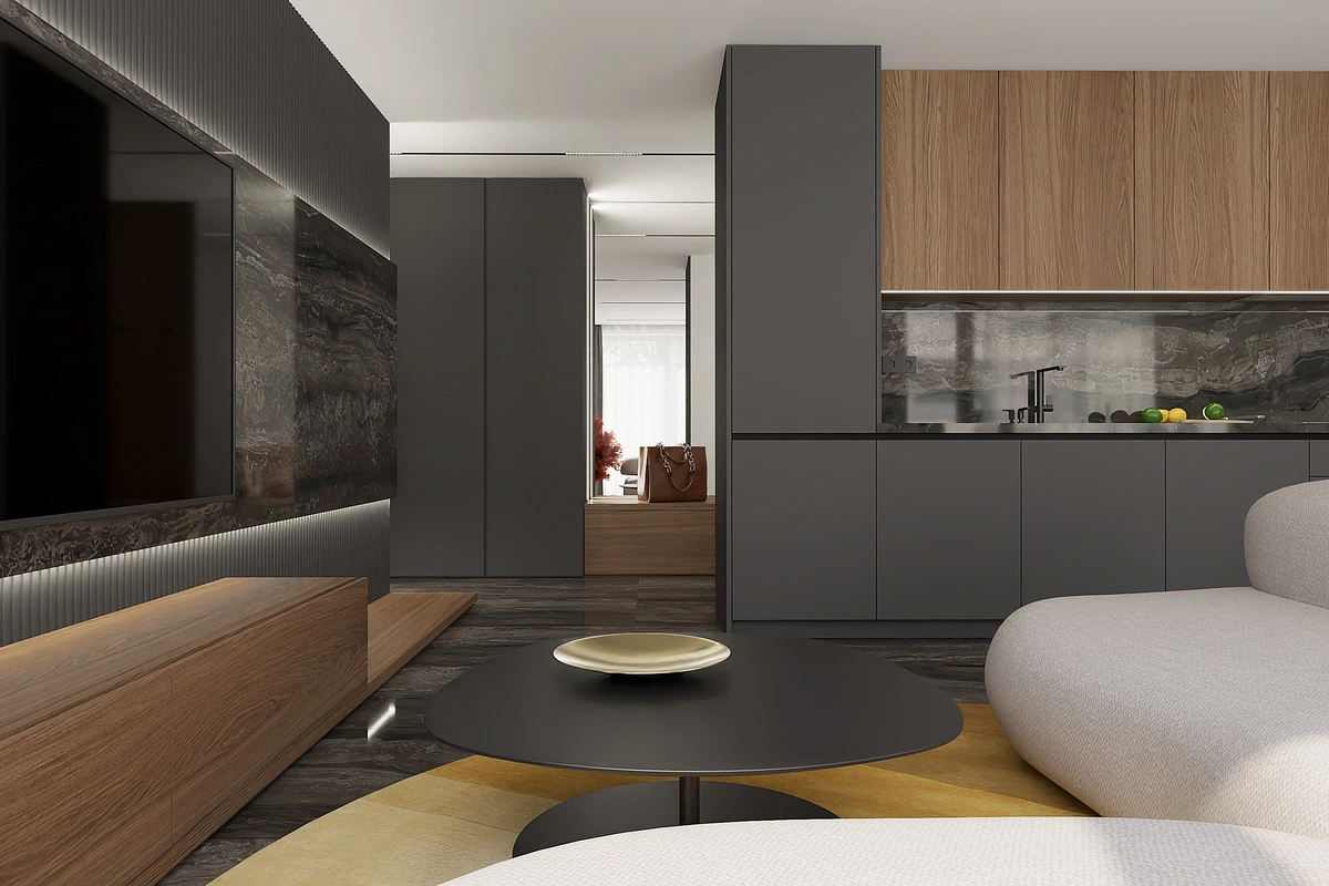 Vizualizácia luxusného interiéru s tmavou kuchyňou a mramorovým obkladom