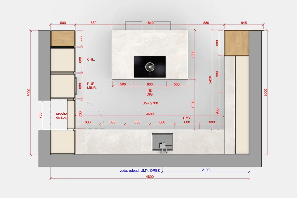 3D vizualizácia kuchyne s ostrovom