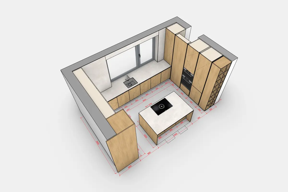 3D vizualizácia kuchynskej linky do U